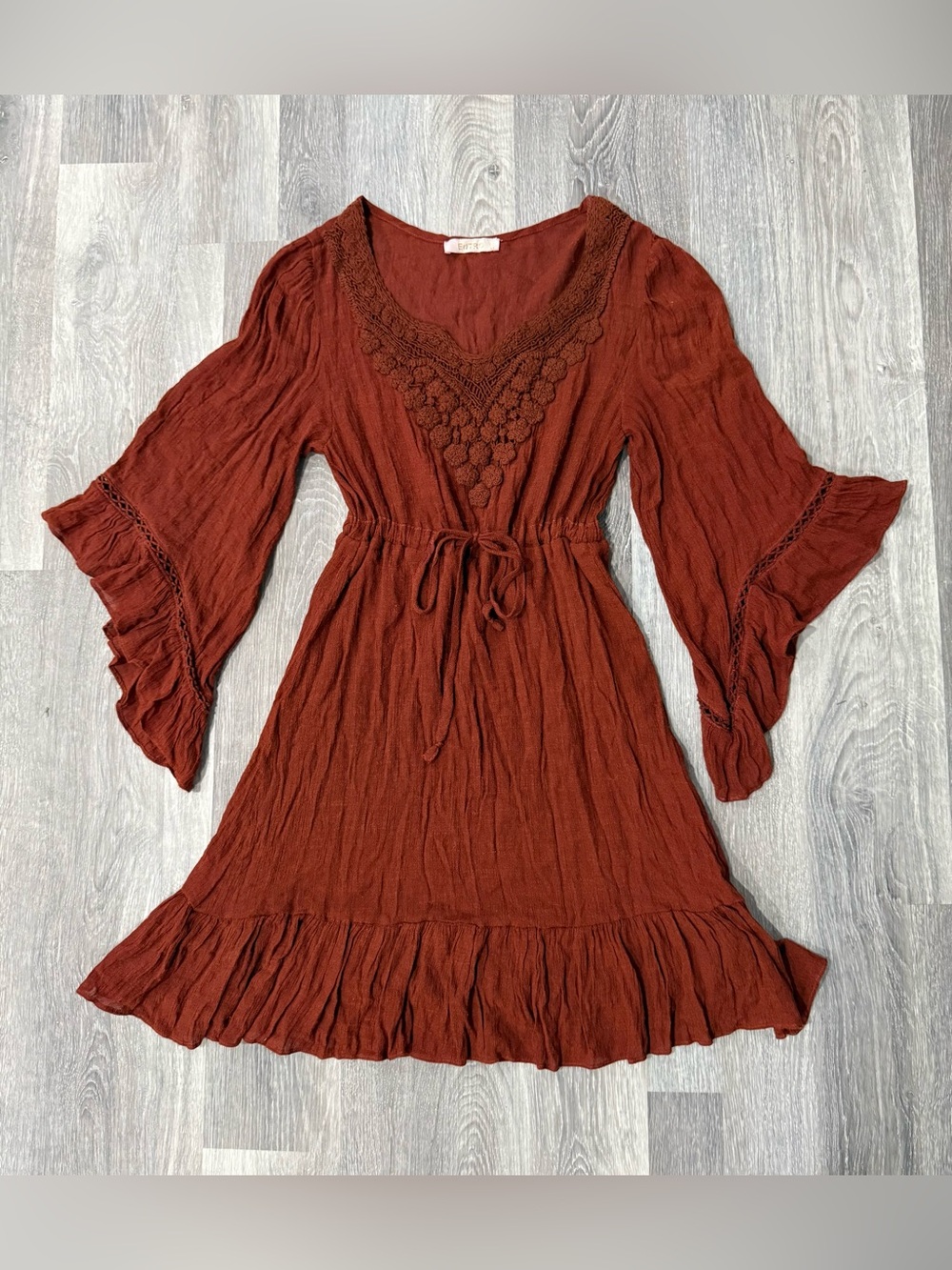 Boho Dark Rust Crochet Lace Bell Sleeve Tie Waist Midi Witchy Festival Dress M